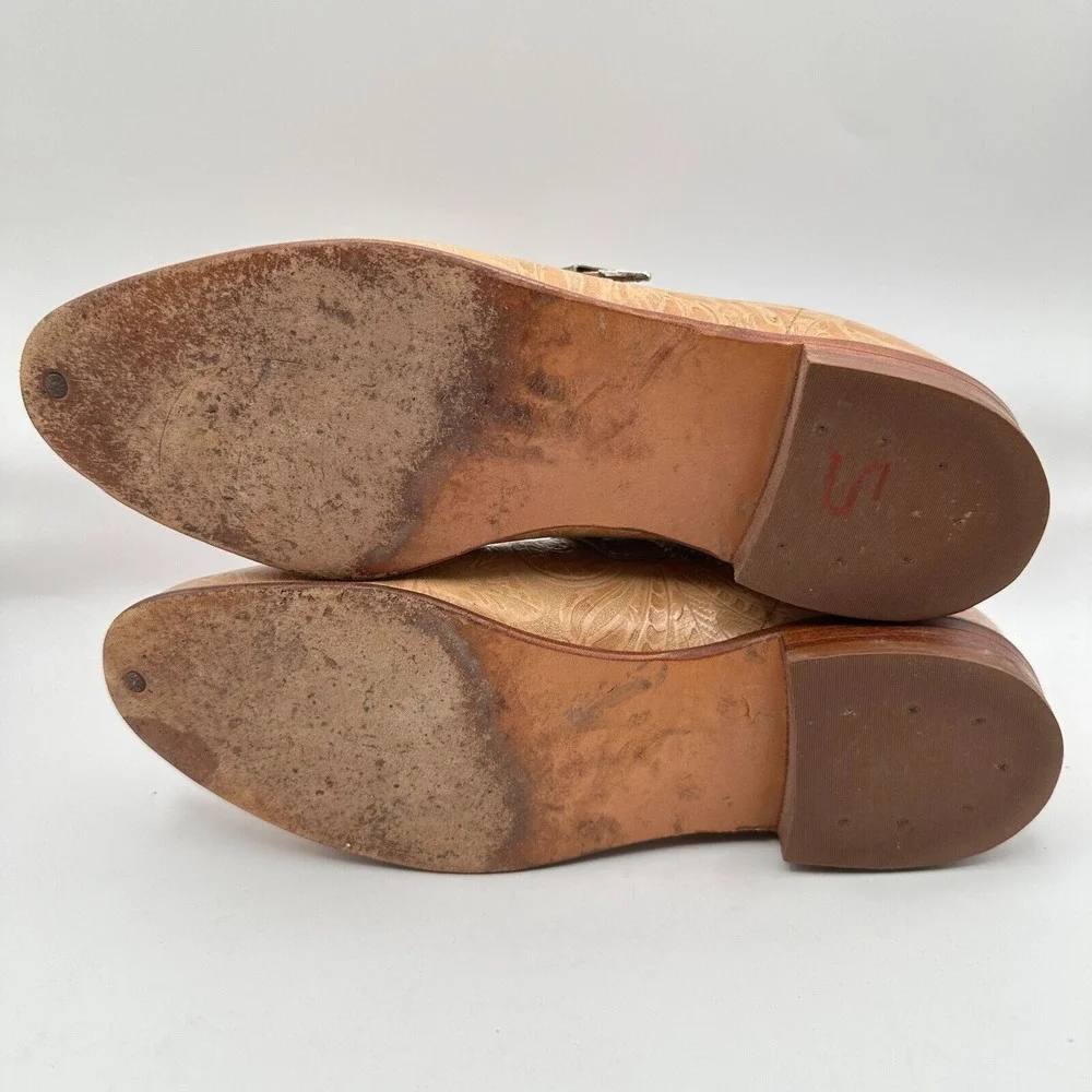 Justin Loafers Shoes Mens Size 8C‎ Narrow Tan Leather Tooled Monk Strap Western